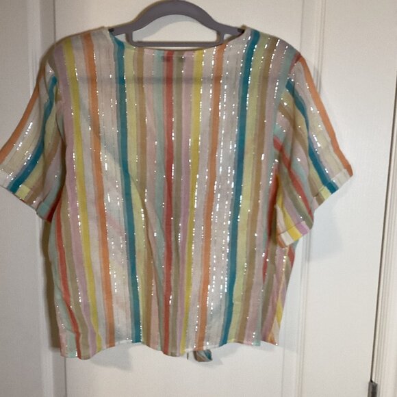 Q & A Women's Cropped Top Blouse Size L Button Down Tie Front Short Sleeve - Picture 5 of 7